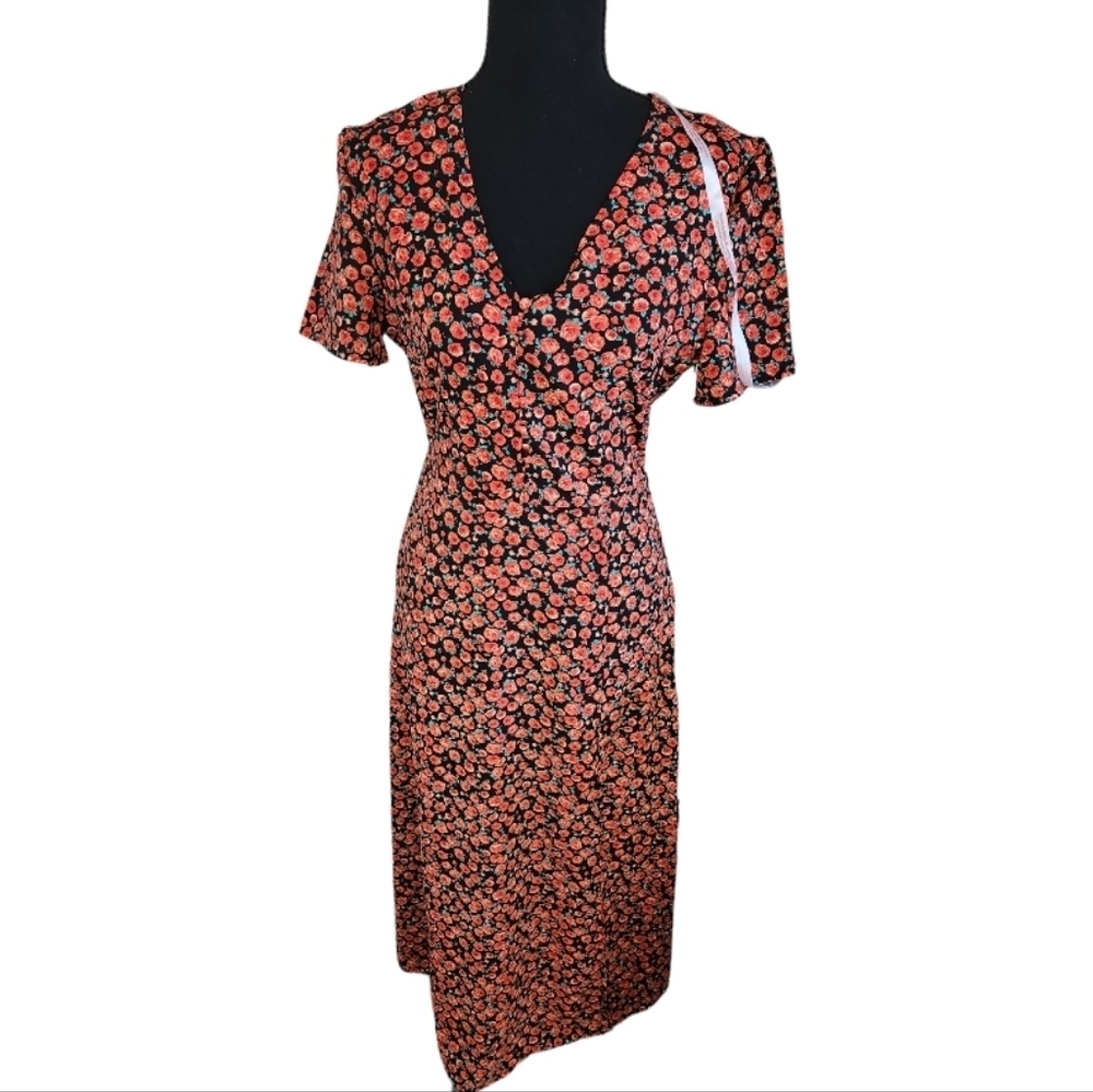 MISSGUIDED floral rose print cottagecore midi dress red green black sz 4 NWOT